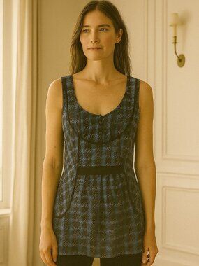 Odille Blue Black  Plaid Silk Blend Scoop Neck Sleeveless  Top  4